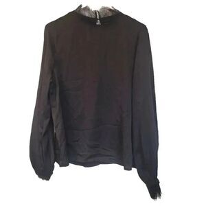 Missguided Women's Black High Neck Lace & Satin Long Sleeve Blouse NEW